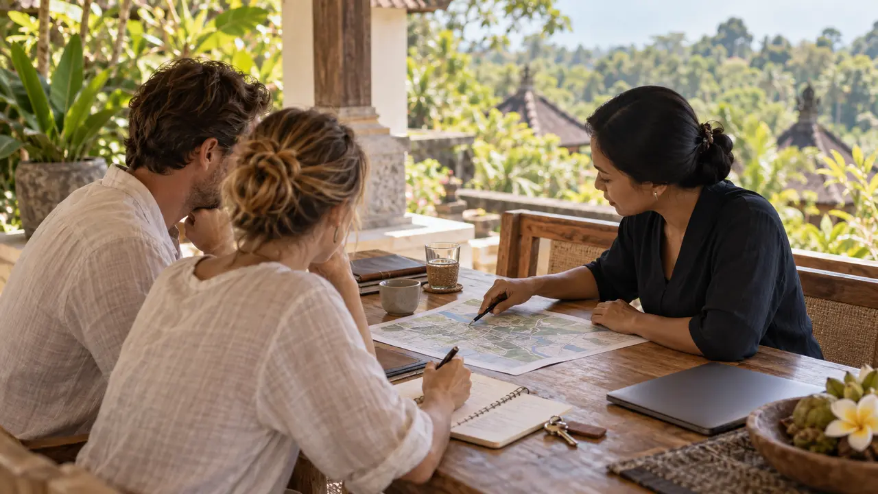 Couple reviewing a Bali relocation plan with a local professional
